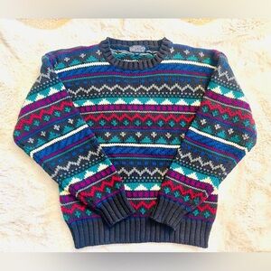 Vintage Lands' End Fair Isle Nordic Sweater Navy, Teal, Maroon, & Cream Size: M